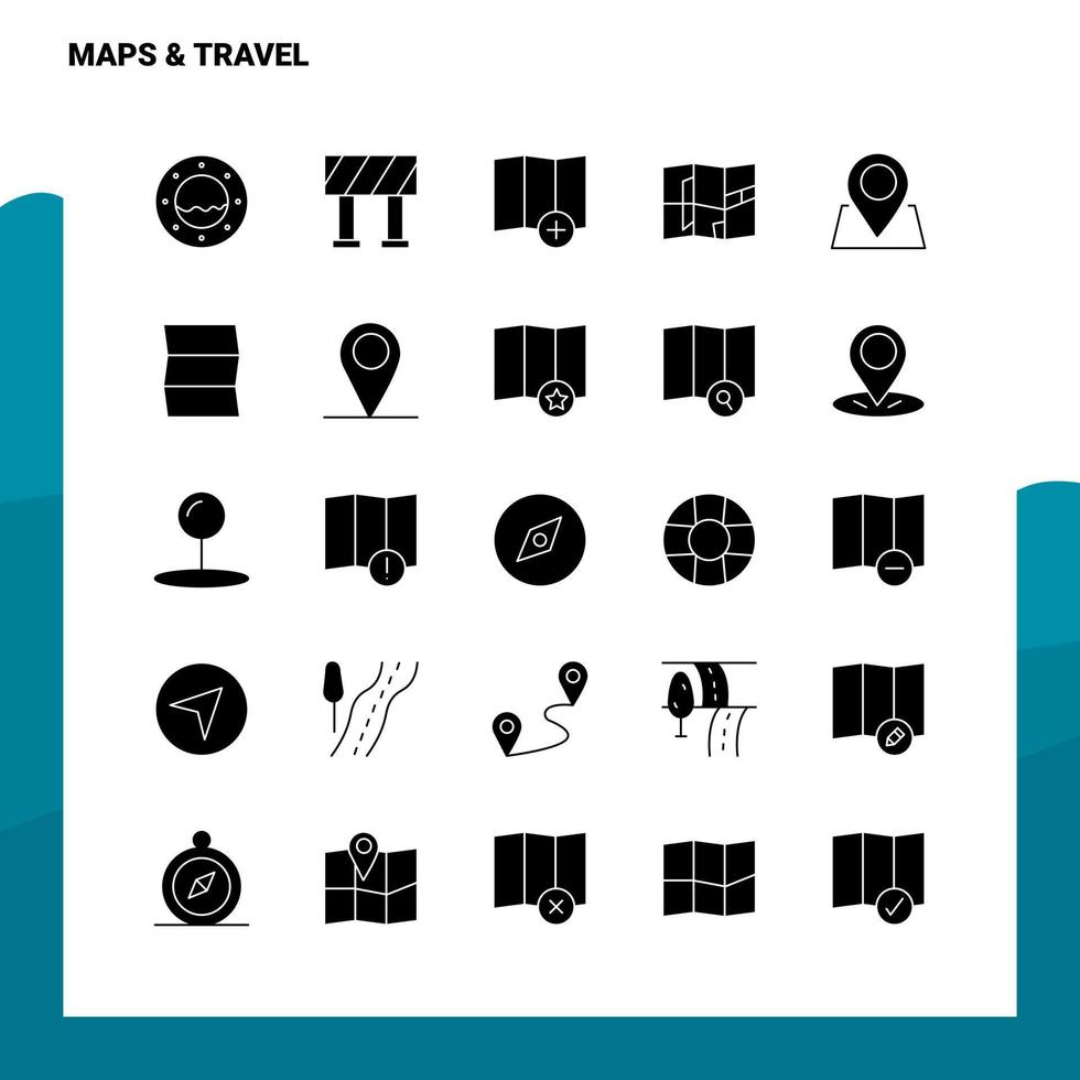 25 mapas conjunto de iconos de viaje plantilla de ilustración de vector de icono de glifo sólido para ideas web y móviles para empresa comercial