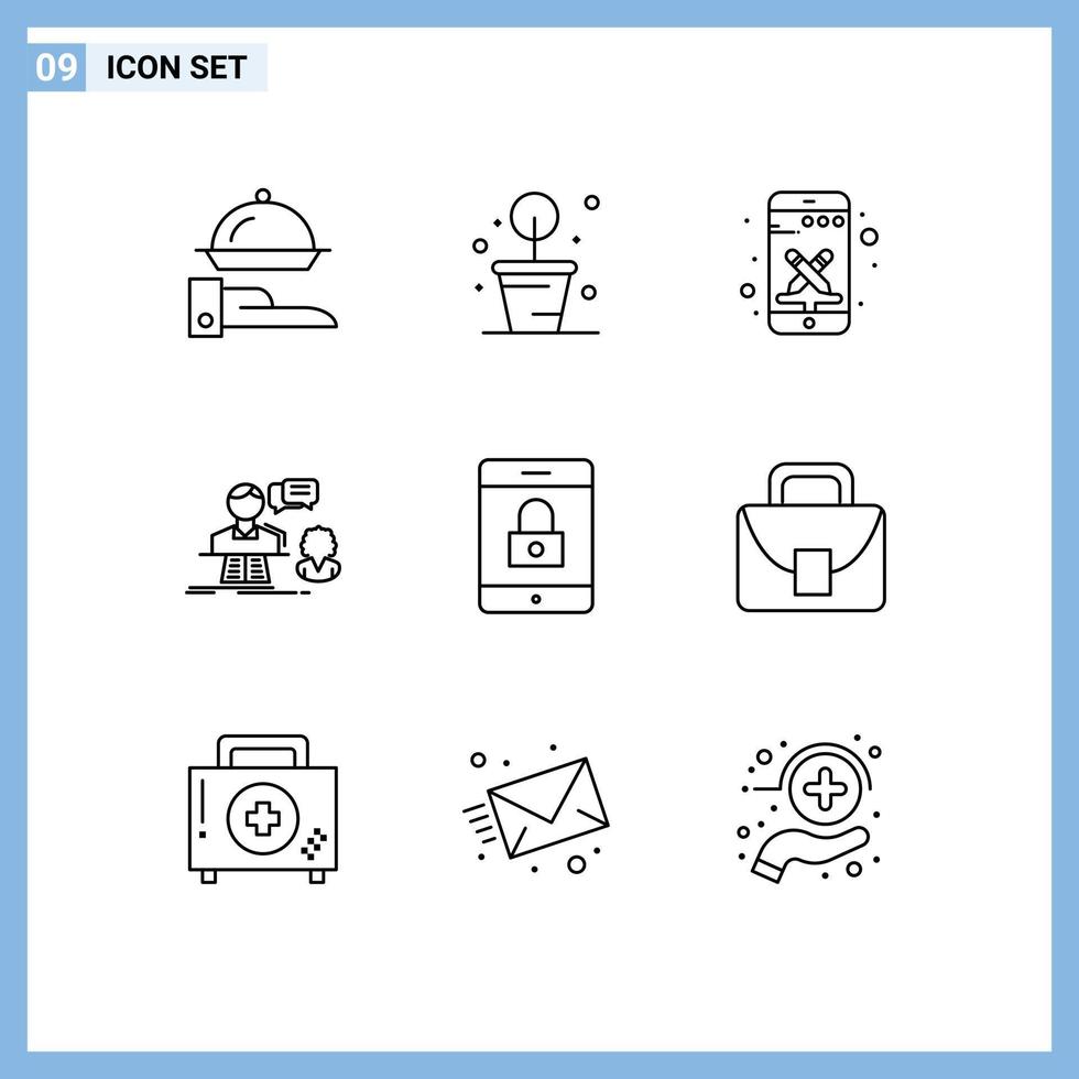 Group of 9 Modern Outlines Set for lock support phone contact chat Editable Vector Design Elements