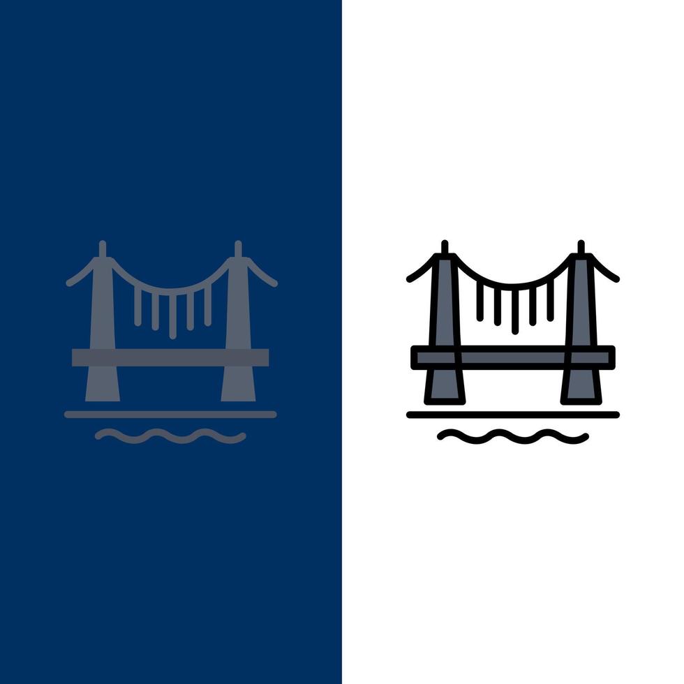 puente edificio ciudad paisaje urbano iconos plano y línea llena icono conjunto vector fondo azul