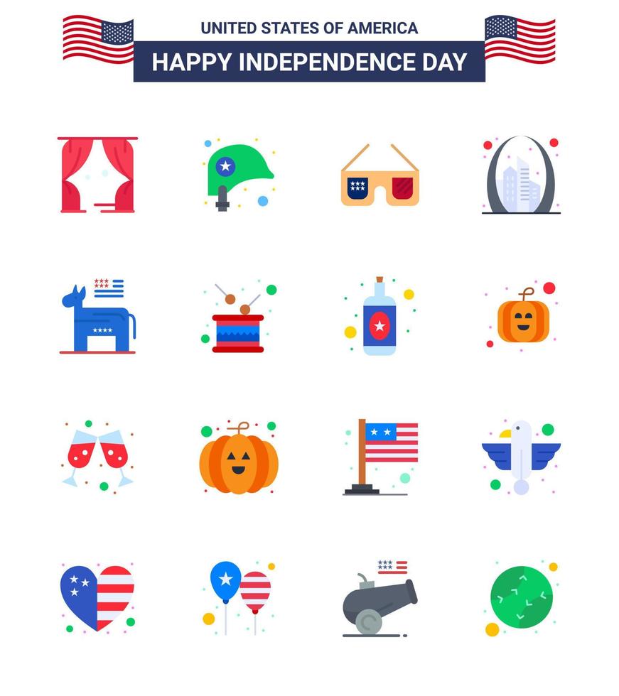 16 USA Flat Signs Independence Day Celebration Symbols of donkey landmark sunglasses gate arch Editable USA Day Vector Design Elements