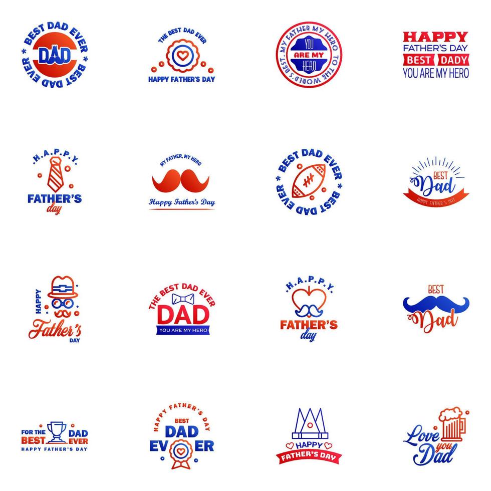 16 Blue and red Happy Fathers Day Design Collection A set of twelve brown colored vintage style Fathers Day Designs on light background Editable Vector Design Elements