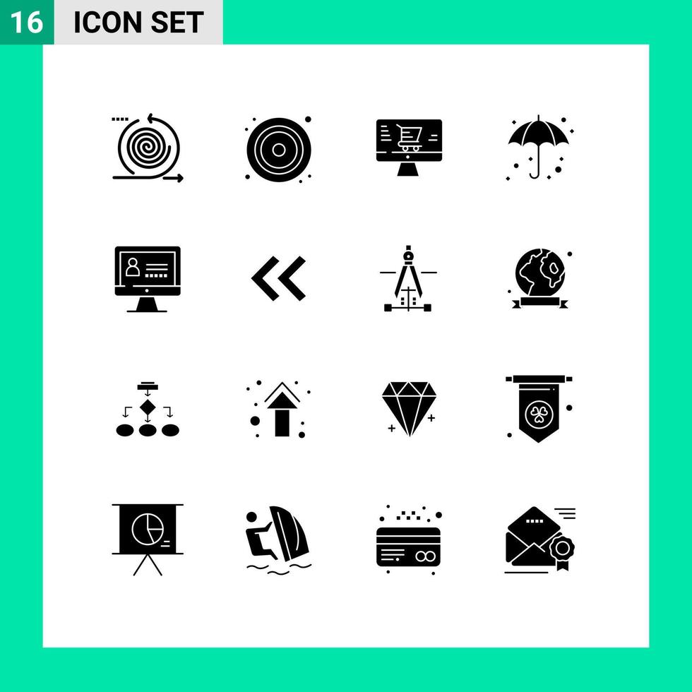 Group of 16 Solid Glyphs Signs and Symbols for internet wet video weather beach Editable Vector Design Elements