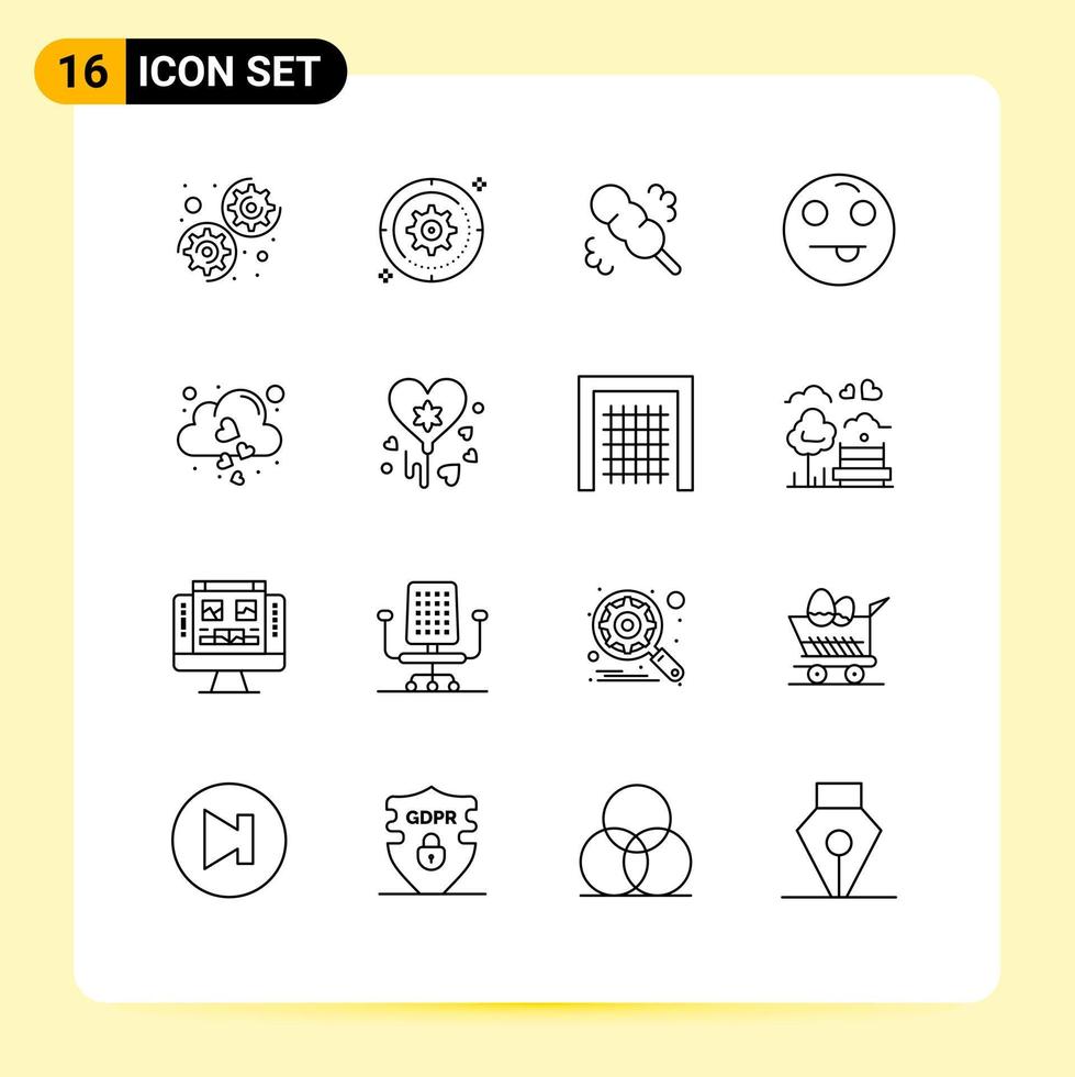 User Interface Pack of 16 Basic Outlines of fall heart broom cloud emot Editable Vector Design Elements