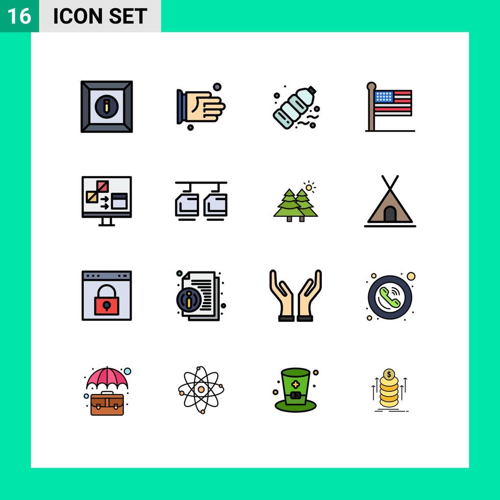 Group of 16 Modern Flat Color Filled Lines Set for coding usa gas united flag Editable Creative Vector Design Elements