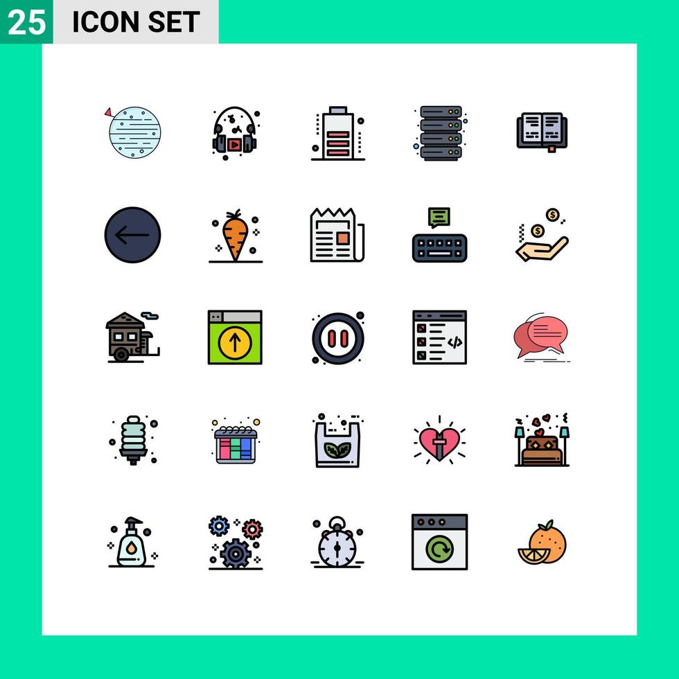 grupo de 25 signos y símbolos de colores planos de línea rellena para elementos de diseño vectorial editables en la nube del servidor de música del libro de conocimientos vector