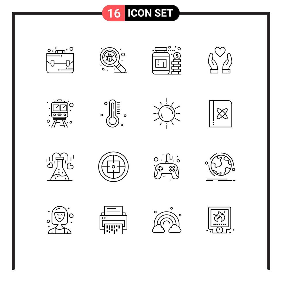 Group of 16 Modern Outlines Set for hot train jar rail love Editable Vector Design Elements