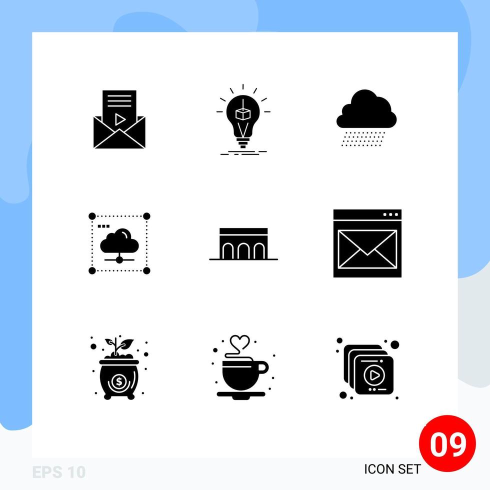 9 User Interface Solid Glyph Pack of modern Signs and Symbols of network data box share spring Editable Vector Design Elements