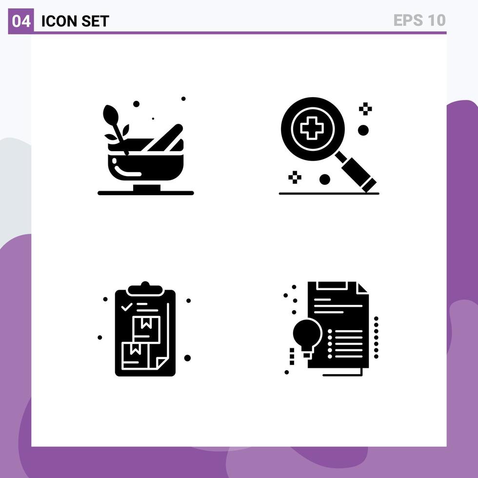 Modern Set of 4 Solid Glyphs Pictograph of grinding delivery spa medical package Editable Vector Design Elements
