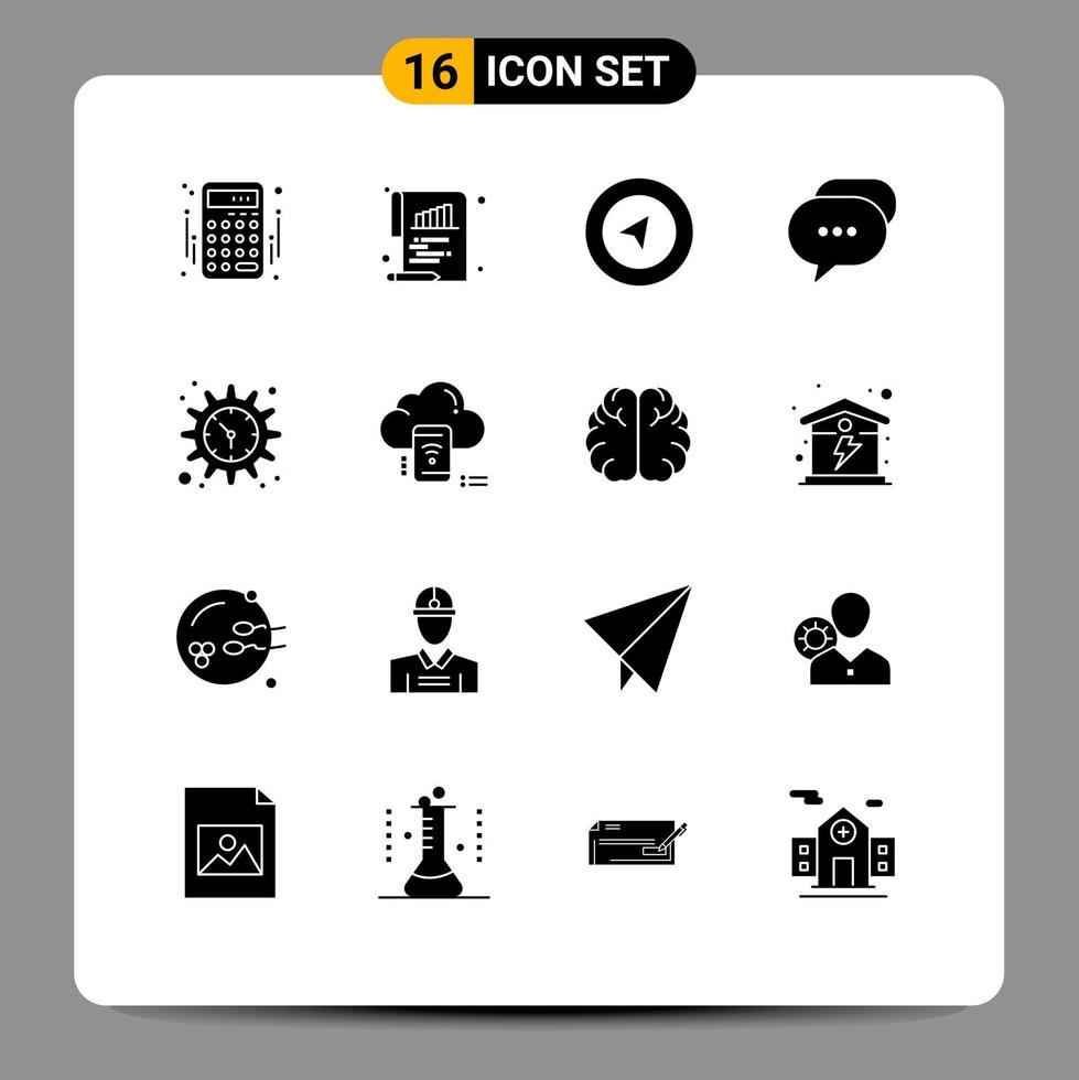 Pictogram Set of 16 Simple Solid Glyphs of time gear map bubble conversation Editable Vector Design Elements