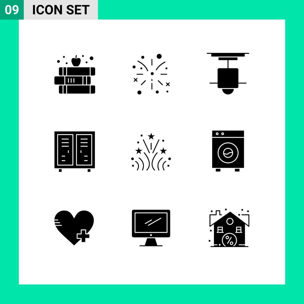 conjunto moderno de 9 pictogramas de glifos sólidos de elementos de diseño de vectores editables para actividades atléticas de muebles de armario contra incendios