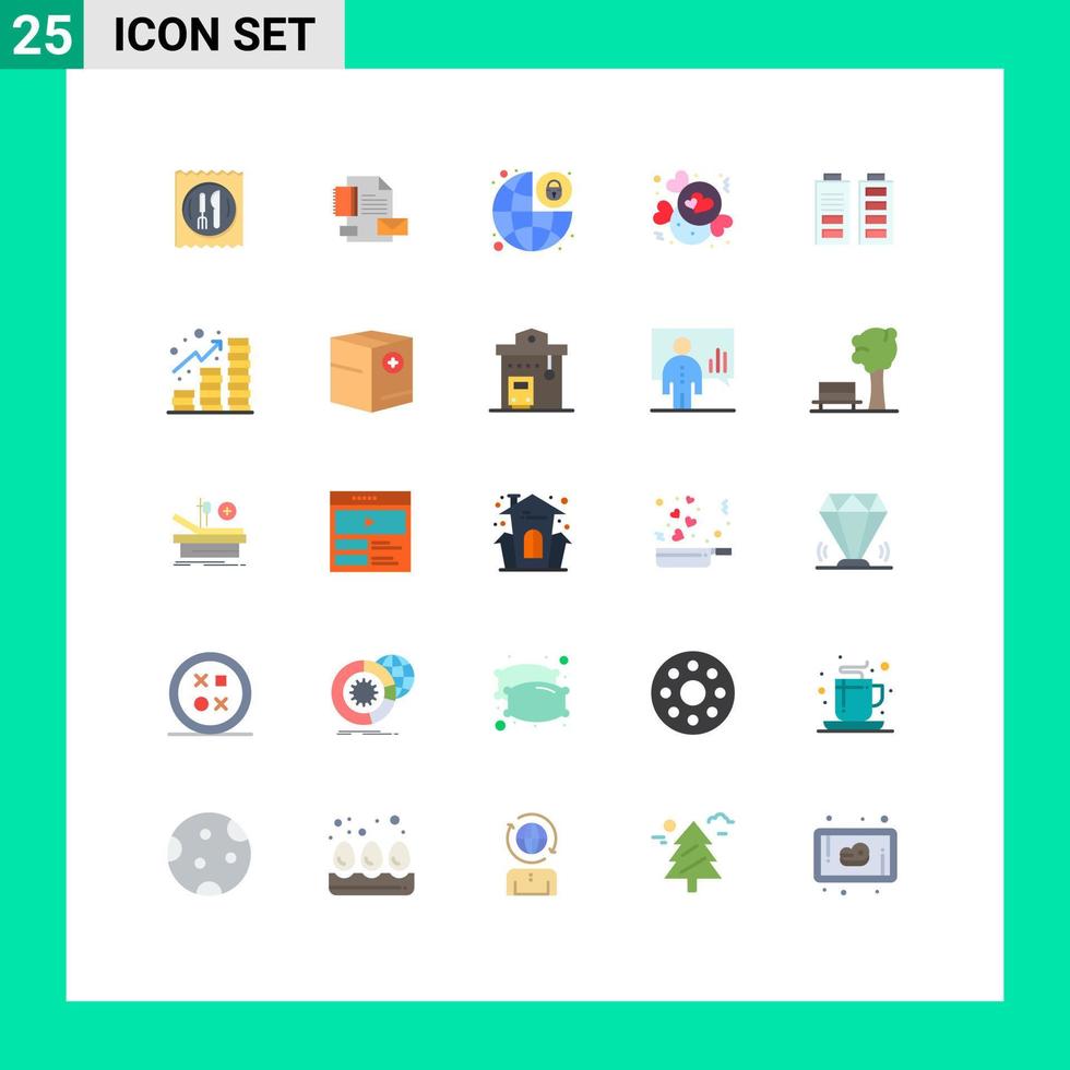 User Interface Pack of 25 Basic Flat Colors of acumulator love identity chocolate security Editable Vector Design Elements
