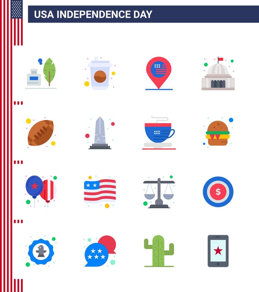 Editable Vector Line Pack of USA Day 16 Simple Flats of ball landmark american house place Editable USA Day Vector Design Elements