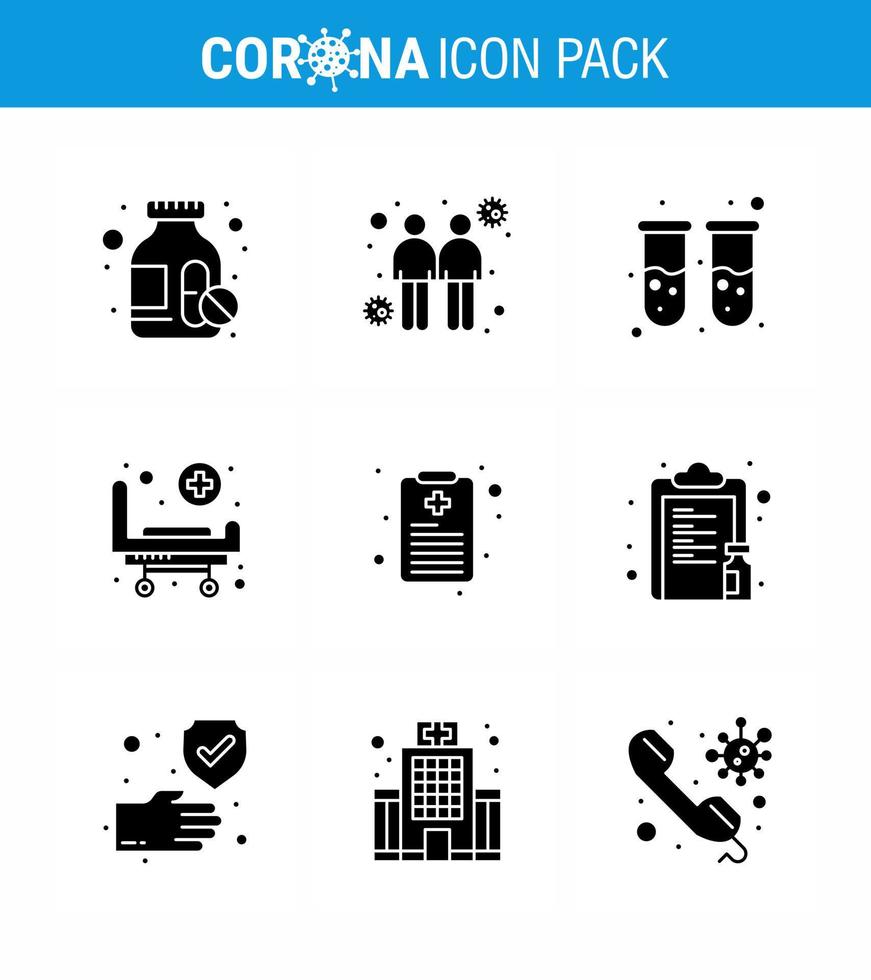 9 Solid Glyph Black viral Virus corona icon pack such as report health chart blood test wheels bed viral coronavirus 2019nov disease Vector Design Elements