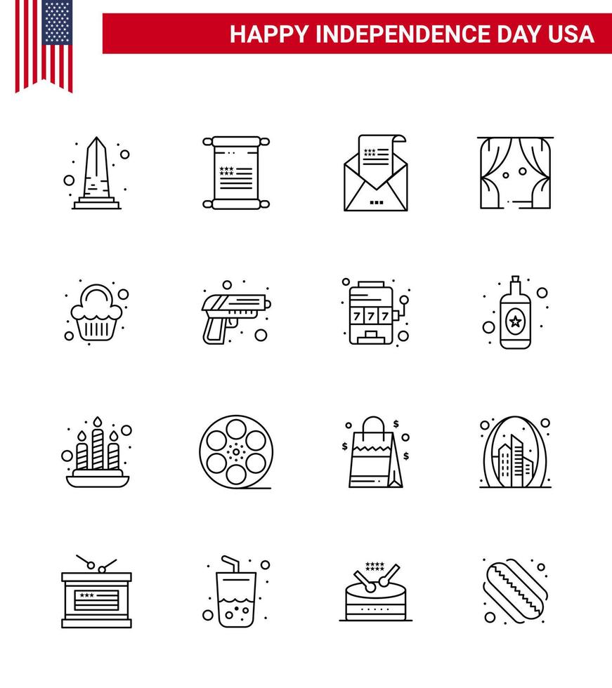 4th July USA Happy Independence Day Icon Symbols Group of 16 Modern Lines of usa leisure usa entertainment invitation Editable USA Day Vector Design Elements