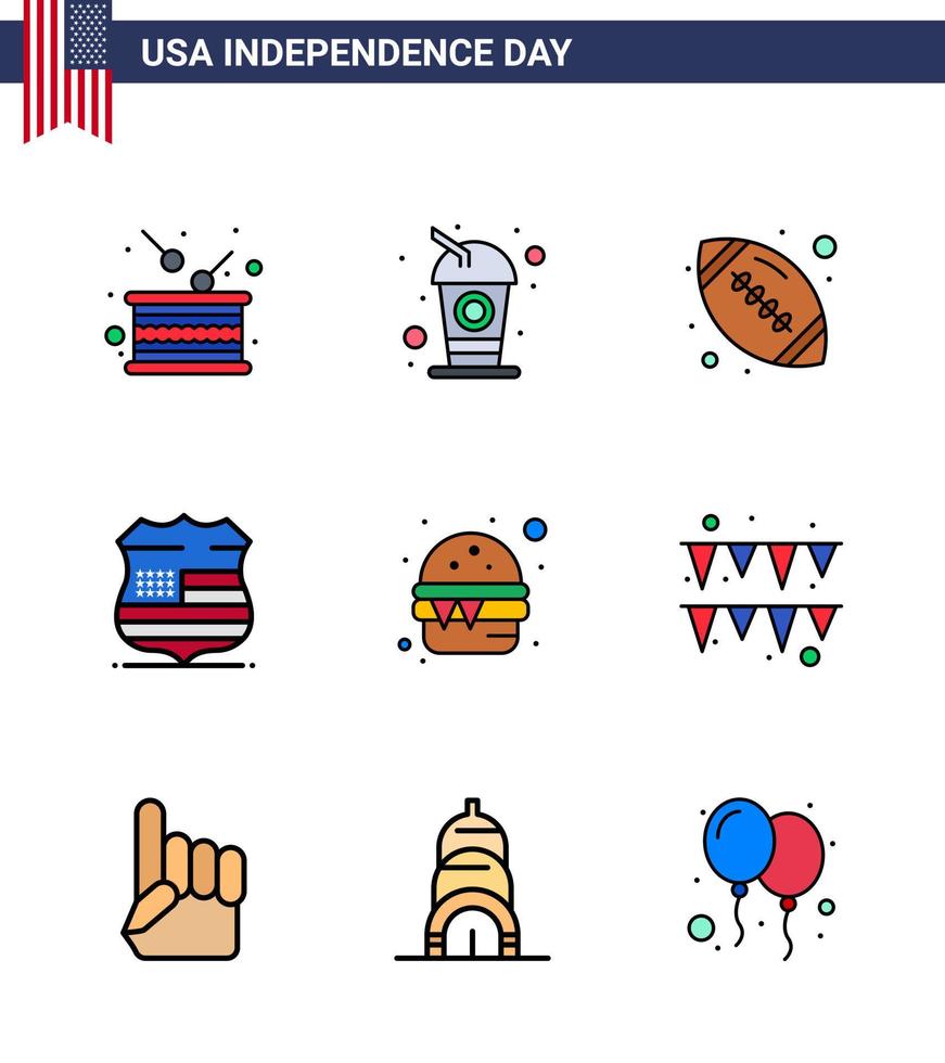 feliz día de la independencia paquete de 9 líneas planas llenas de signos y símbolos para burger usa soda sign american ball editable usa day elementos de diseño vectorial vector