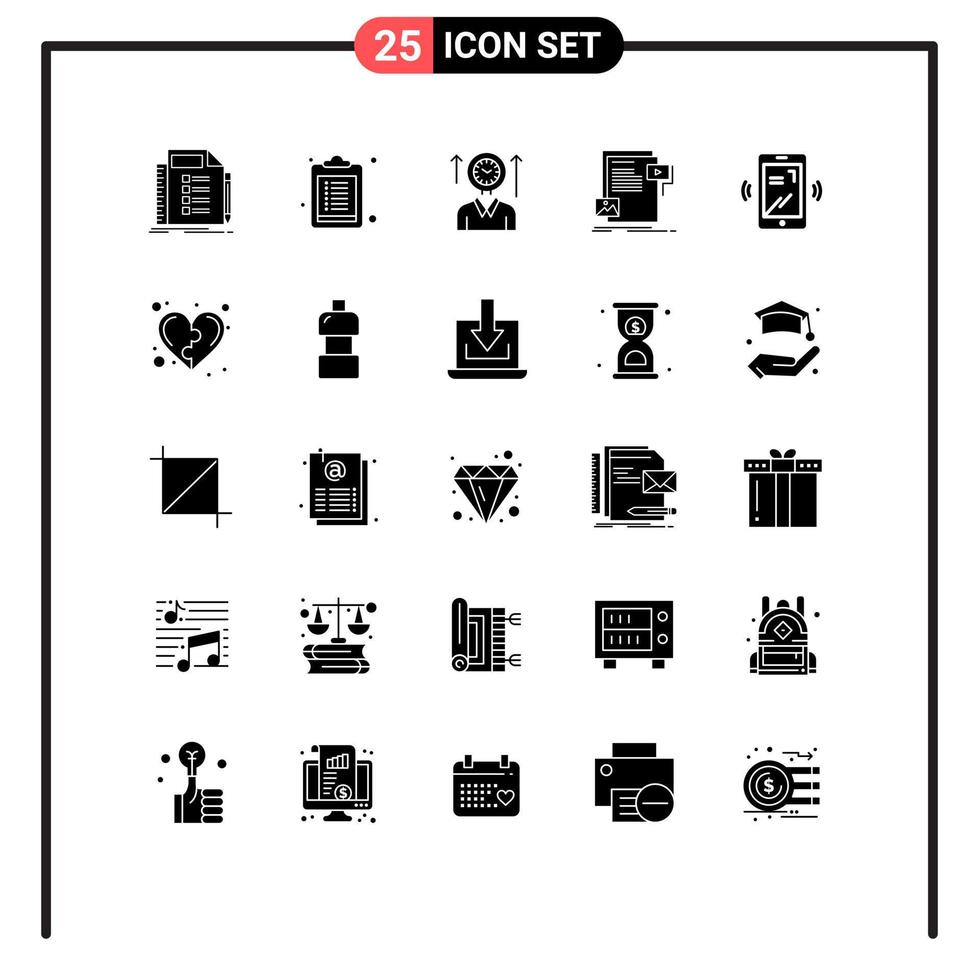 Mobile Interface Solid Glyph Set of 25 Pictograms of website file time document hours Editable Vector Design Elements