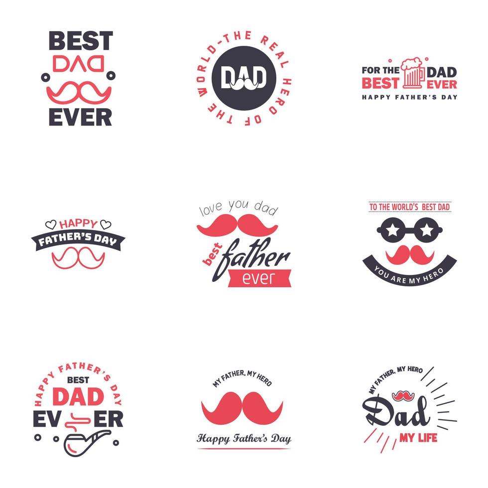 feliz día del padre saludo mano letras insignias 9 negro y rosa error tipográfico aislado en blanco plantilla de diseño de tipografía para cartel banner tarjeta de regalo camiseta impresión etiqueta pegatina estilo retro vintage vector