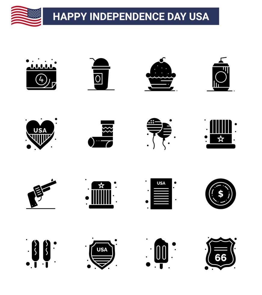 Set of 16 Modern Solid Glyphs pack on USA Independence Day american drink cake cola thanksgiving Editable USA Day Vector Design Elements