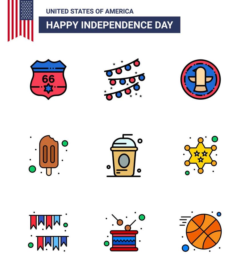 Happy Independence Day 4th July Set of 9 Flat Filled Lines American Pictograph of holiday cole bird cake popsicle Editable USA Day Vector Design Elements