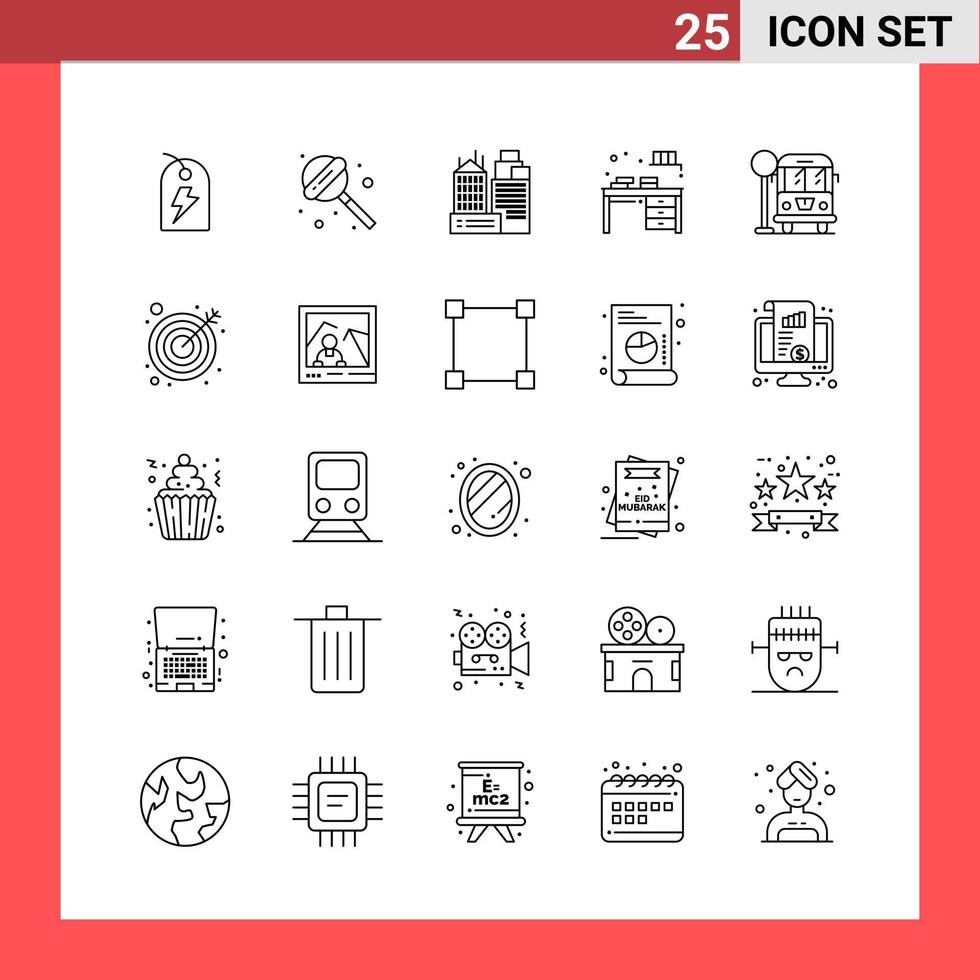 Paquete de 25 símbolos de contorno de estilo de línea de paquete de iconos sobre fondo blanco. señales simples para el diseño general. vector