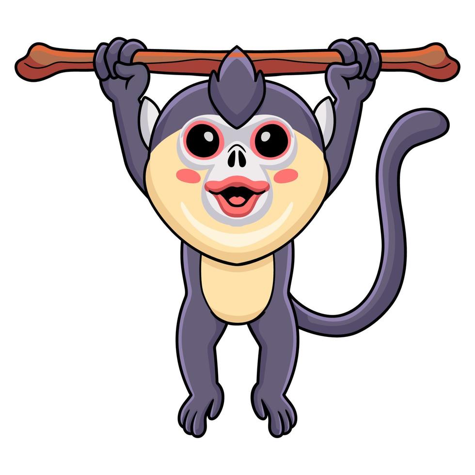 Cute little snub nosed monkey cartoon hanging on tree vector