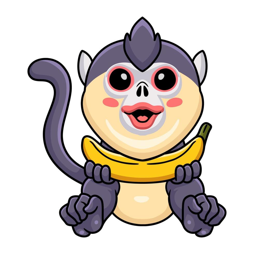 Cute little snub nosed monkey cartoon holding a banana vector