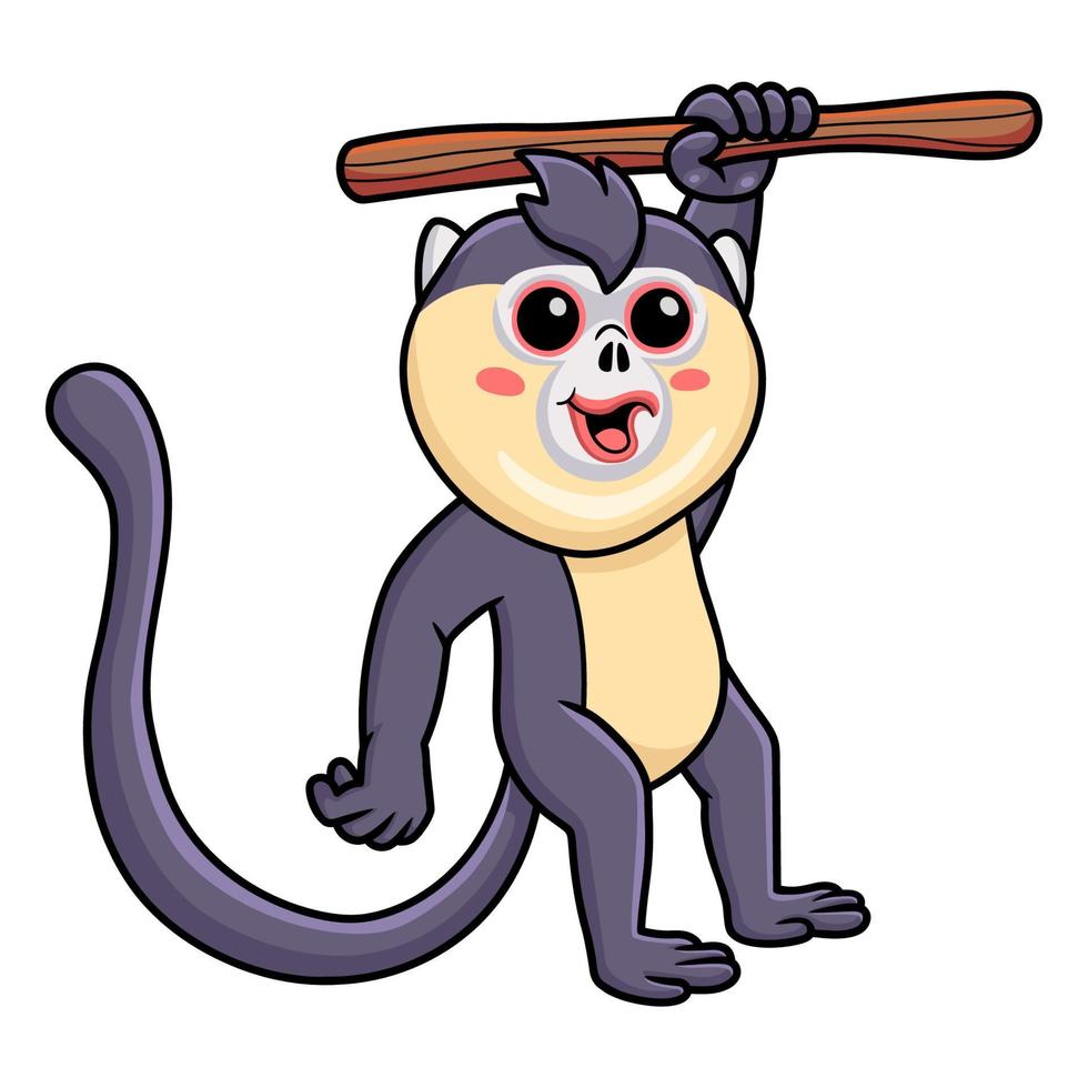 Cute little snub nosed monkey cartoon hanging on tree vector