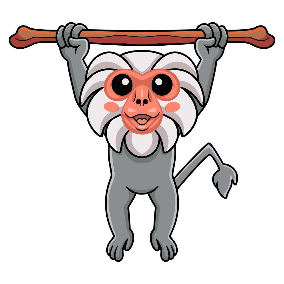 Cute little hamadryad monkey cartoon hanging on tree vector