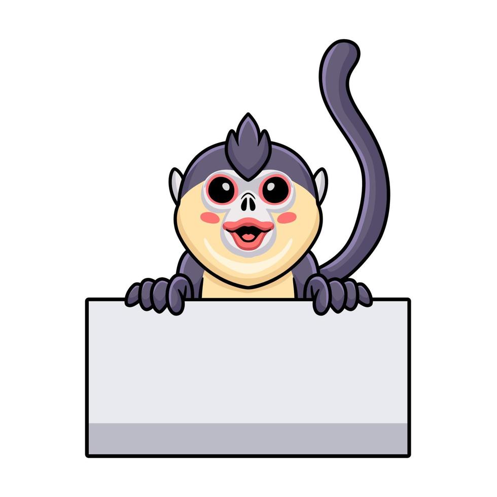 Cute little snub nosed monkey cartoon holding blank sign vector