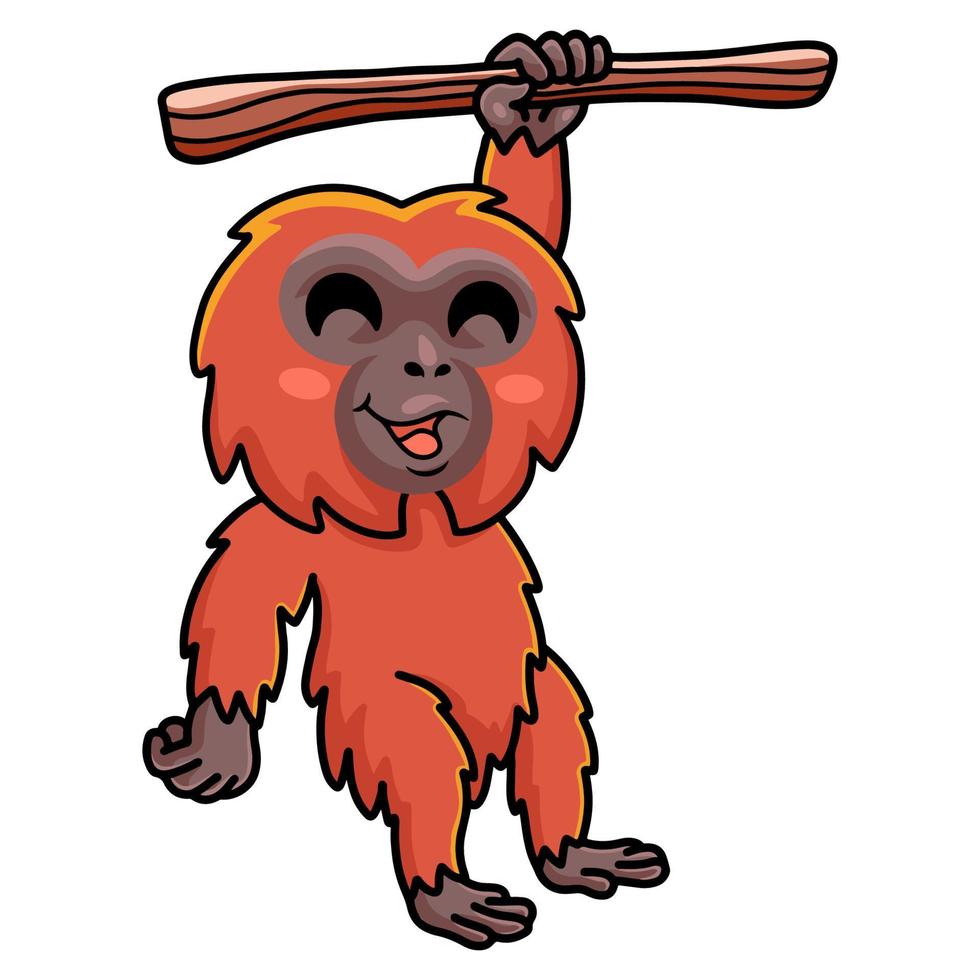 linda caricatura de orangután colgando de un árbol vector