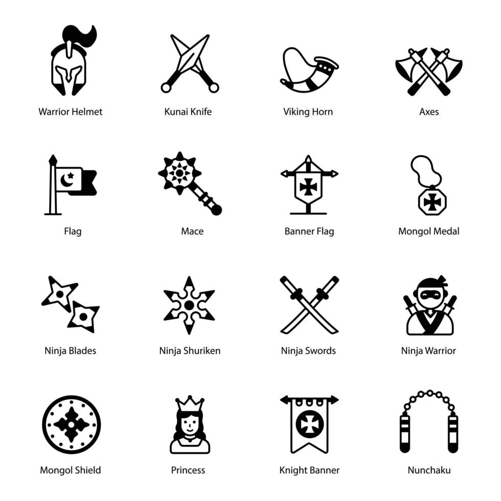 Pack of Weapons and Tools Solid Icons vector