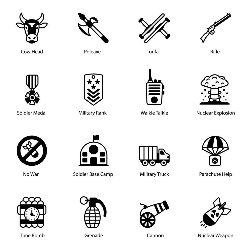 paquete de iconos sólidos de armas de guerrero vector