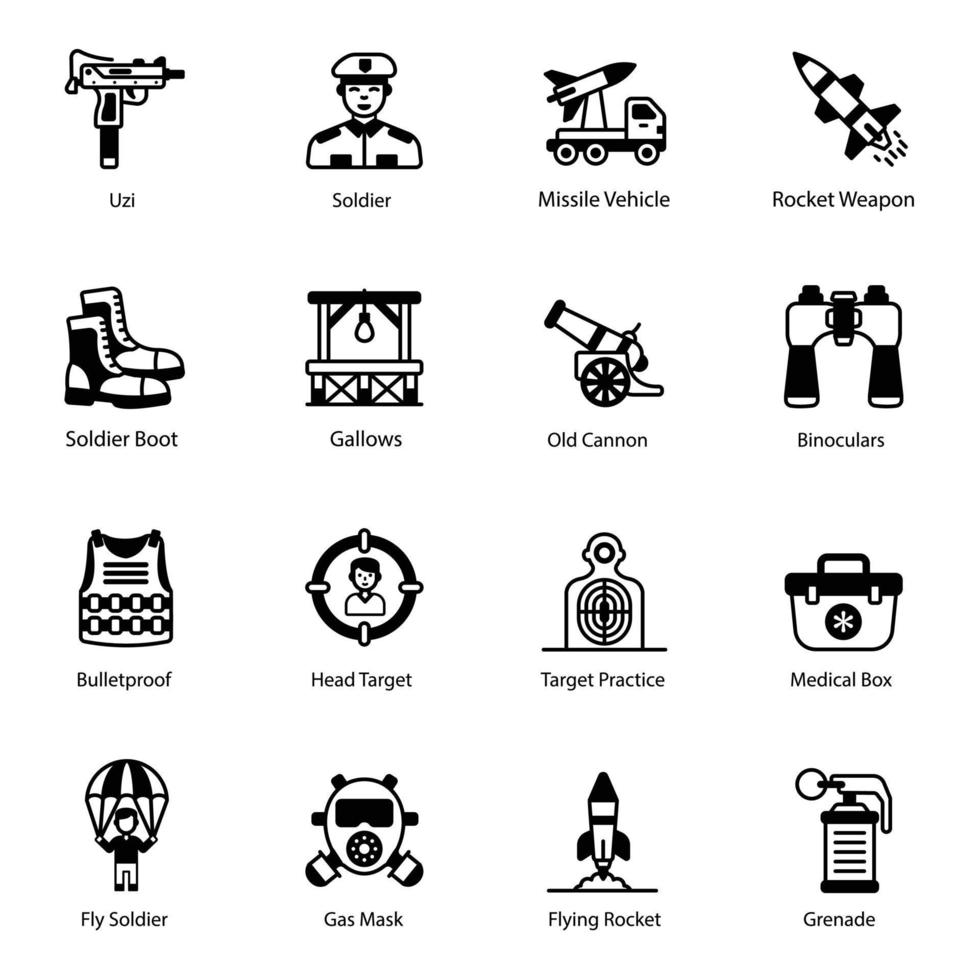 Pack of Military Solid Icons vector