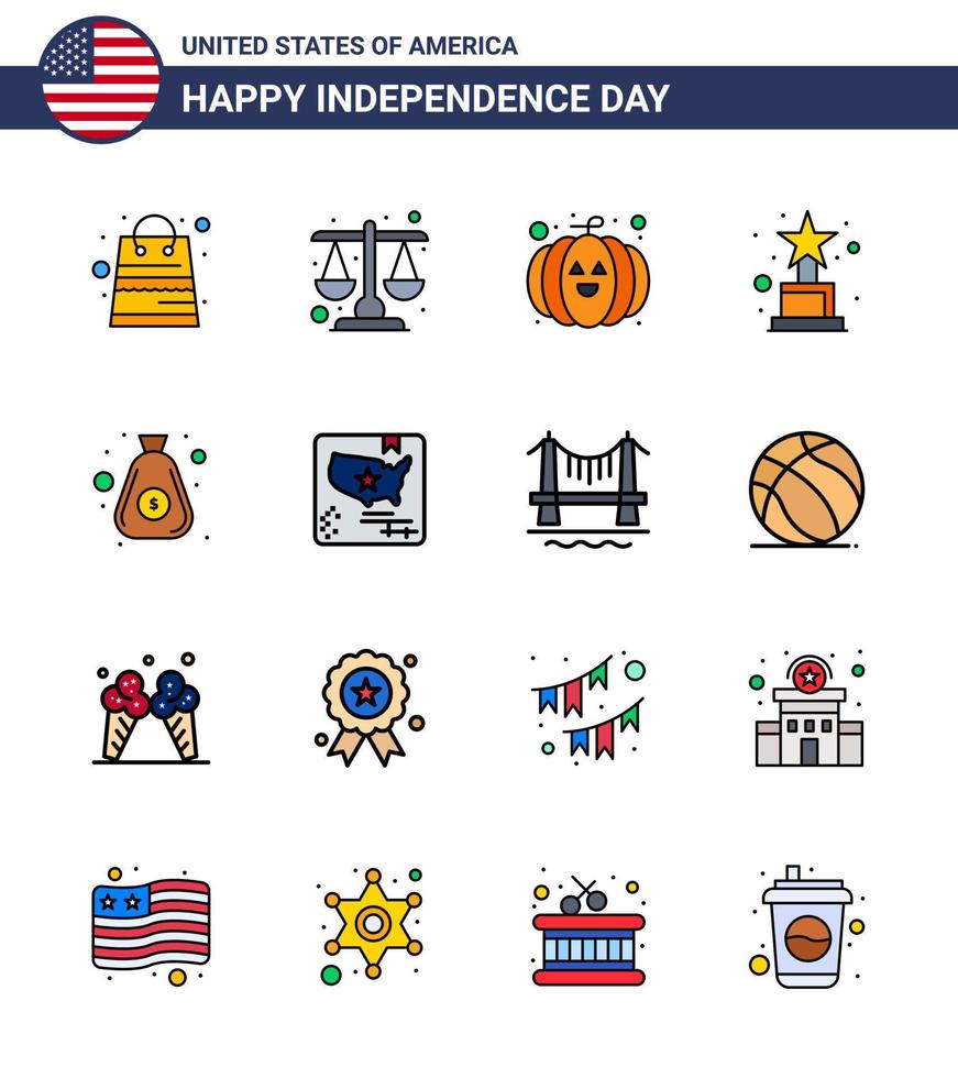 feliz día de la independencia paquete de iconos de 16 líneas planas rellenas para web e impresión de dinero en efectivo premio en dólares de alimentos elementos de diseño vectorial editables del día de EE. UU. vector