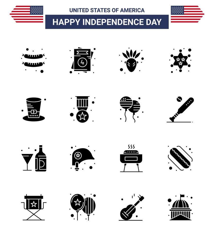 Set of 16 Vector Solid Glyphs on 4th July USA Independence Day such as usa hat native american day police Editable USA Day Vector Design Elements