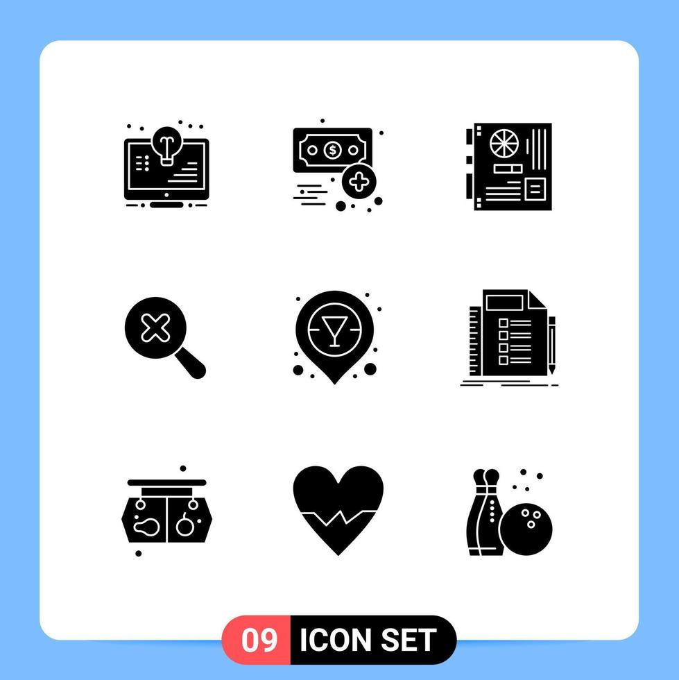 Group of 9 Modern Solid Glyphs Set for champagne bar location search income in mother Editable Vector Design Elements