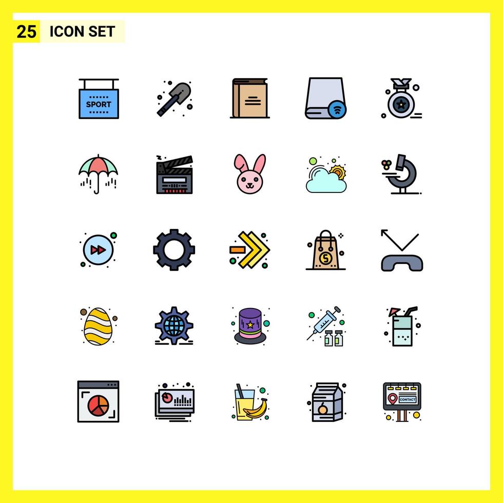conjunto moderno de 25 colores planos y símbolos de líneas rellenas, como elementos de diseño de vectores editables para equipos de educación de gadgets de premios