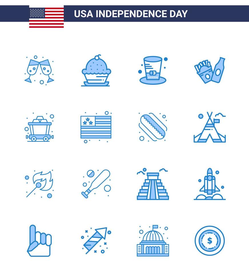 Set of 16 Vector Blues on 4th July USA Independence Day such as rail cart day american bottle Editable USA Day Vector Design Elements