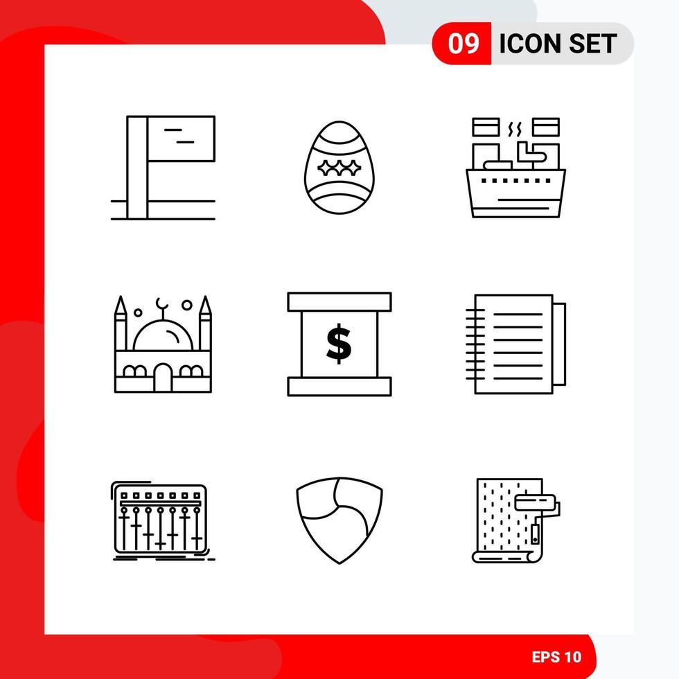 conjunto creativo de 9 iconos de contorno universal aislados sobre fondo blanco. vector