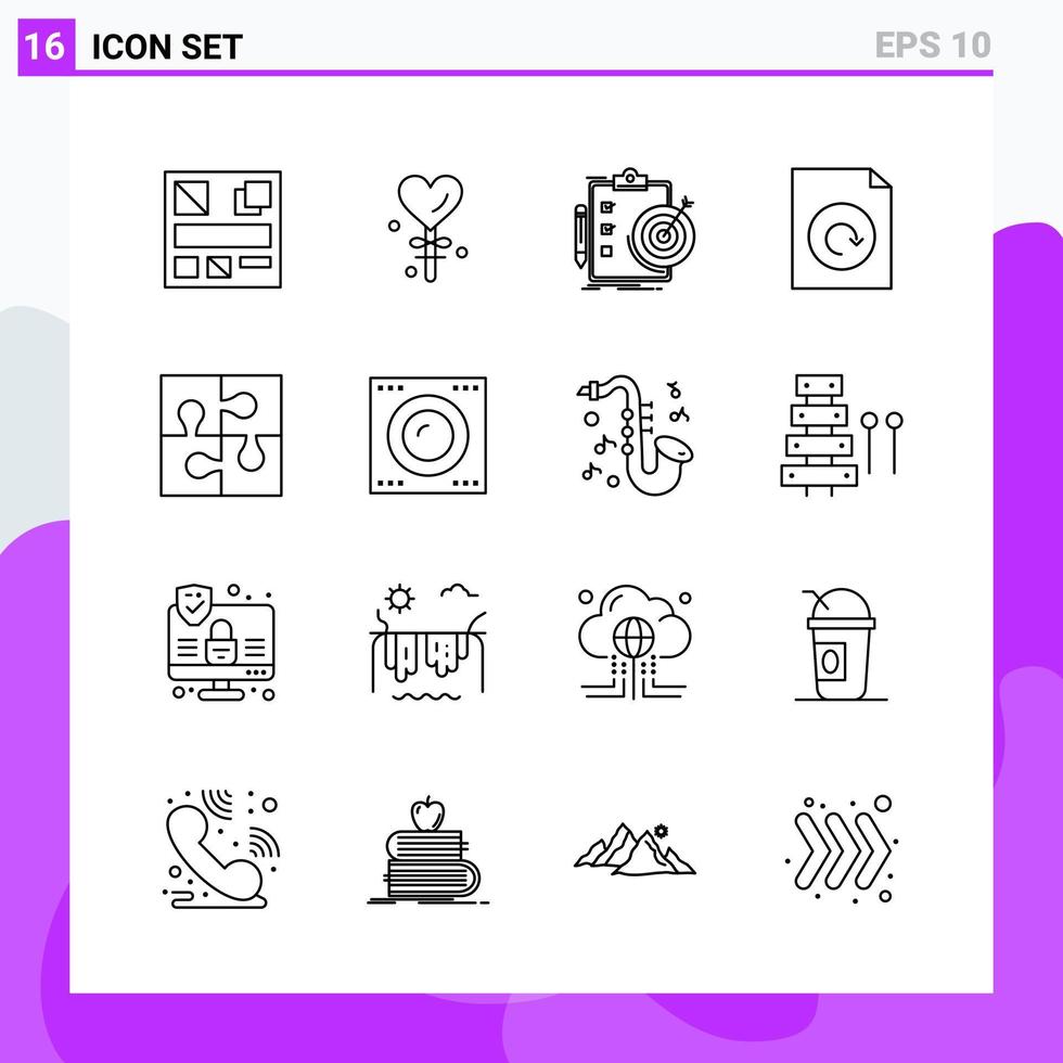conjunto de 16 iconos en estilo de línea. símbolos de esquema creativos para el diseño de sitios web y aplicaciones móviles. signo de icono de línea simple aislado sobre fondo blanco. 16 iconos. vector