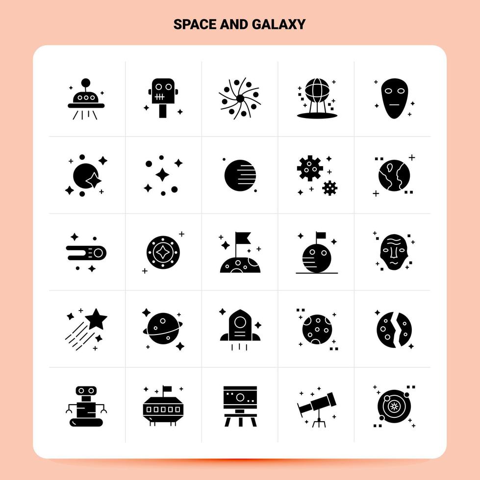 Solid 25 Space And Galaxy Icon set Vector Glyph Style Design Black Icons Set Web and Mobile Business ideas design Vector Illustration