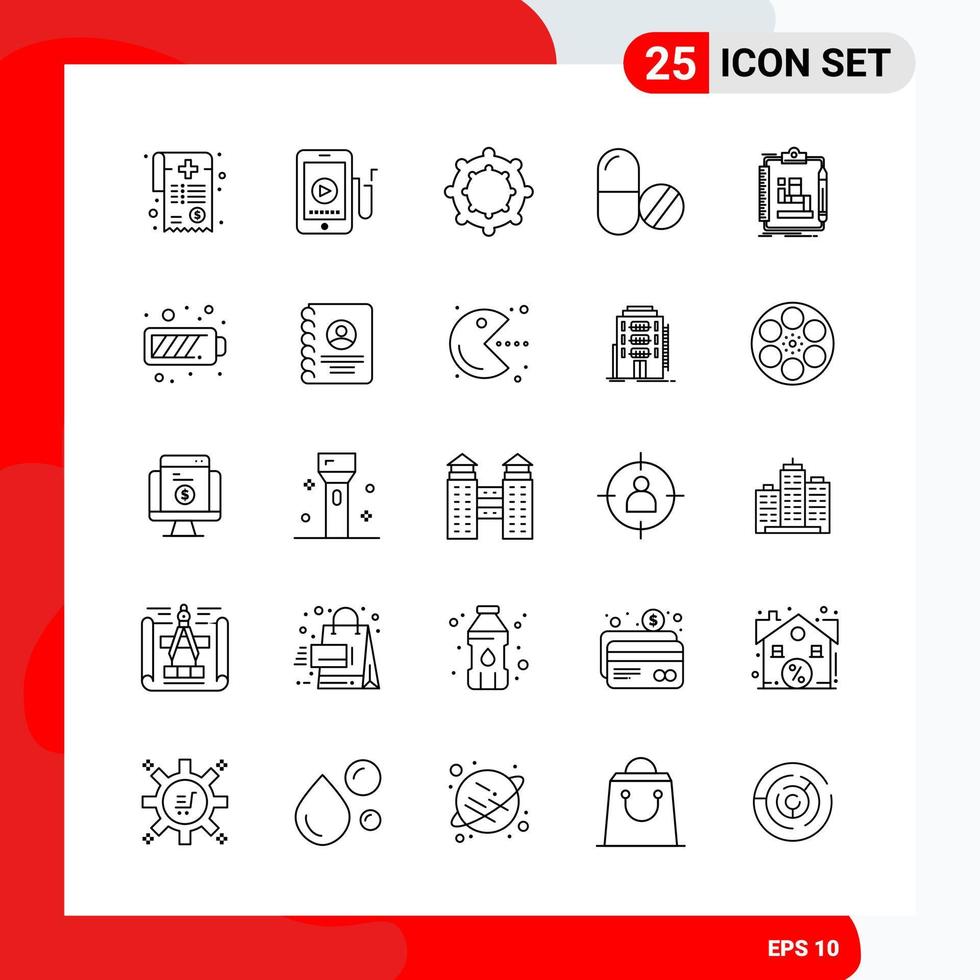 conjunto creativo de 25 iconos de contorno universal aislados sobre fondo blanco. vector