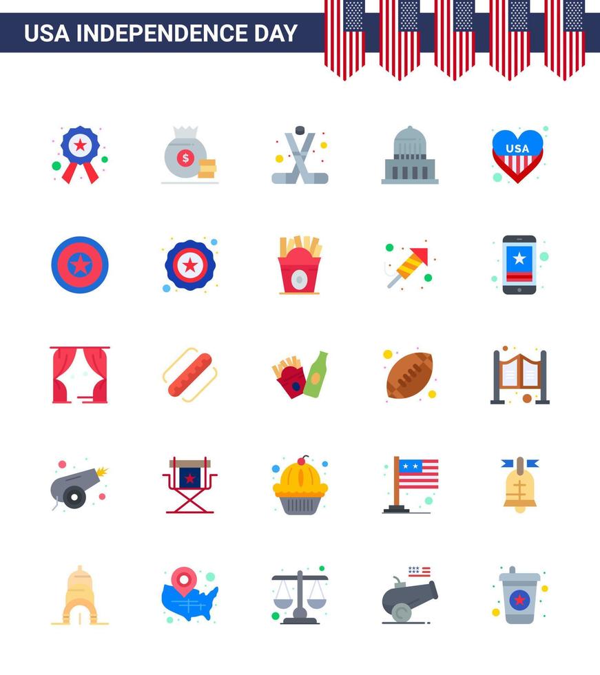 conjunto de 25 iconos del día de los ee.uu. símbolos americanos signos del día de la independencia para los elementos de diseño del vector del día de los ee.uu.