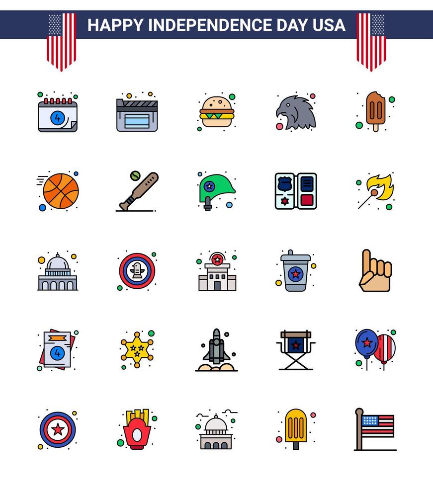 feliz día de la independencia paquete de iconos de 25 líneas planas rellenas para web e impresión bola crema comida rápida paleta eagle elementos de diseño vectorial del día de estados unidos editables vector