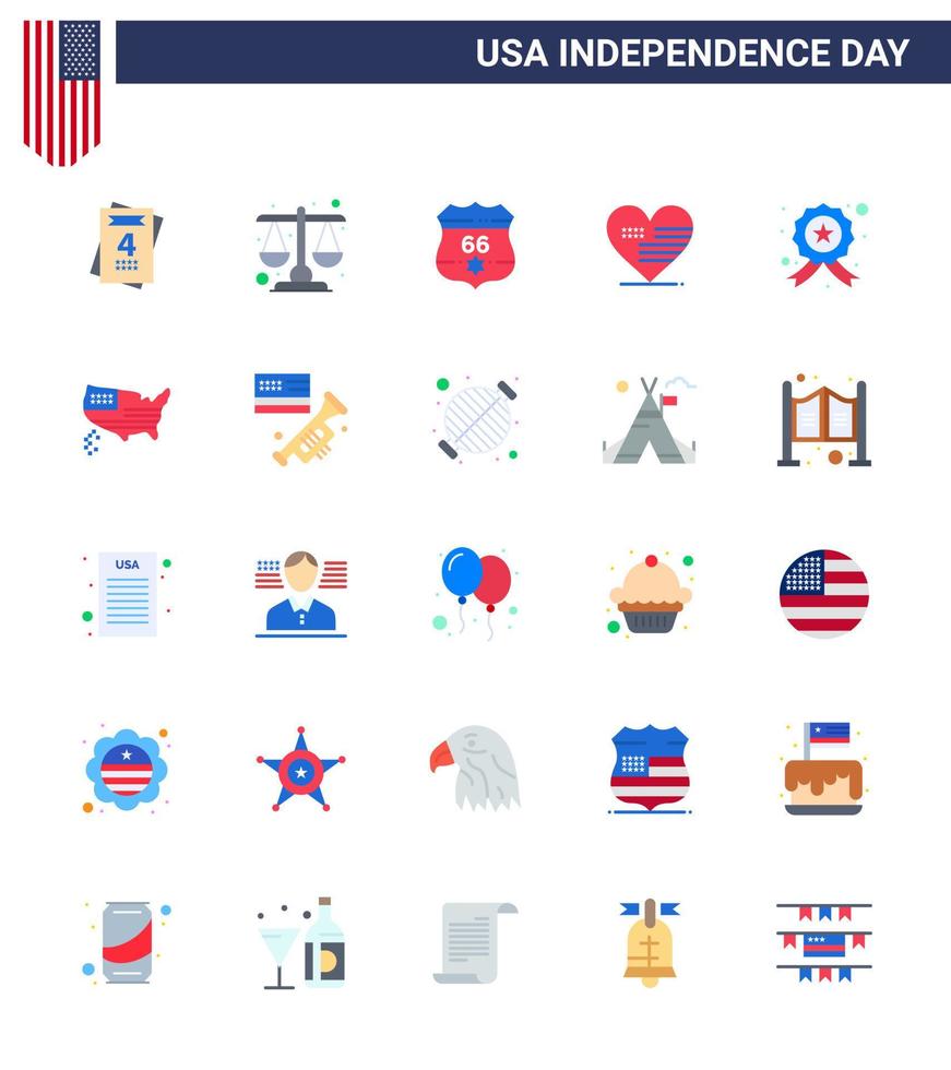 paquete de iconos de vectores de stock del día americano 25 signos y símbolos planos para insignia de estrella escudo bandera amor elementos de diseño de vectores de día de estados unidos editables