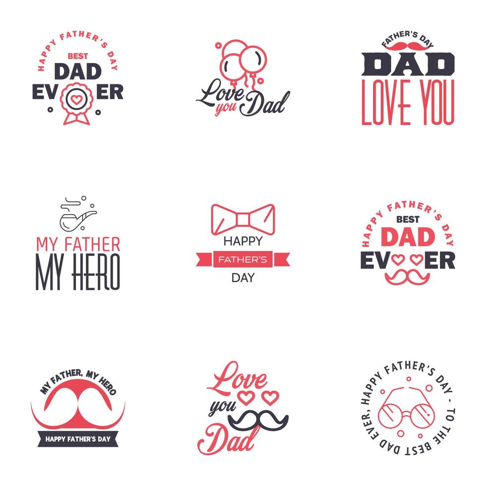 las tarjetas de felicitación del día del padre feliz establecen 9 letras tipográficas vectoriales en negro y rosa utilizables para imprimir pancartas eres el mejor diseño de texto de papá elementos de diseño vectorial editables vector