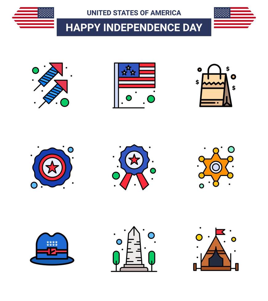 Group of 9 Flat Filled Lines Set for Independence day of United States of America such as star badge bag usa police Editable USA Day Vector Design Elements