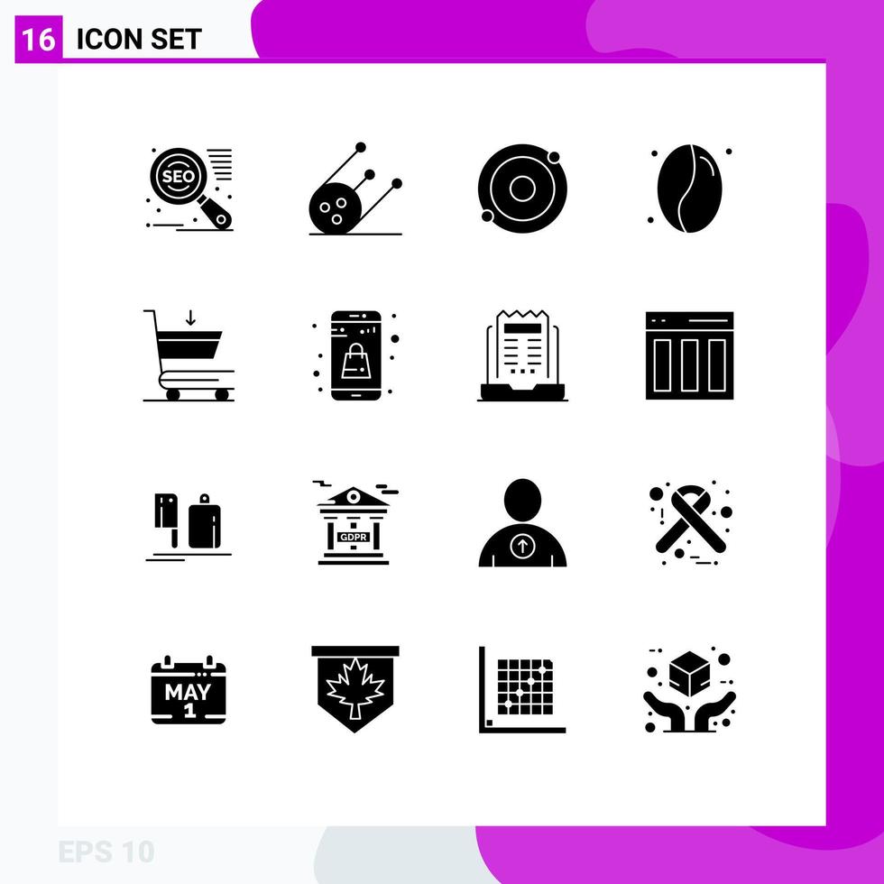 16 Thematic Vector Solid Glyphs and Editable Symbols of shopping bag structure shopping cart Editable Vector Design Elements