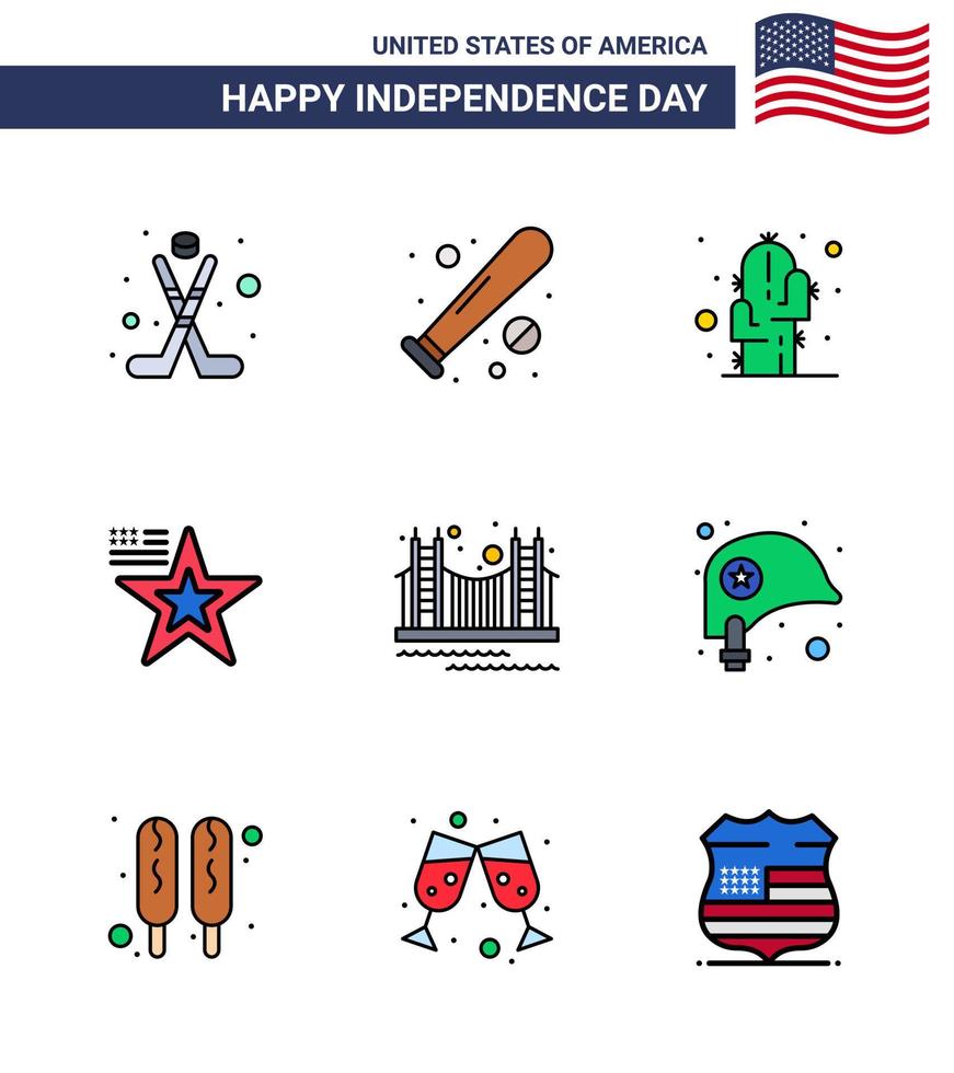 9 signos de línea plana llena de estados unidos símbolos de celebración del día de la independencia de la bandera del puente estados unidos desierto americano editable elementos de diseño vectorial del día de estados unidos vector