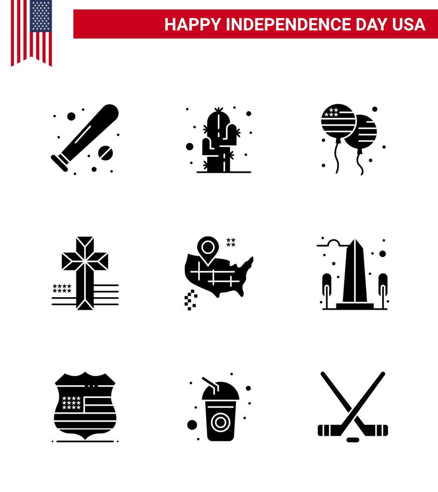 Set of 9 Vector Solid Glyphs on 4th July USA Independence Day such as map church desert cross american Editable USA Day Vector Design Elements